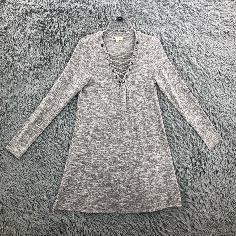 About A Girl Sweater Dress Womens Small Shoestring Vneck Gray Long Sleeve